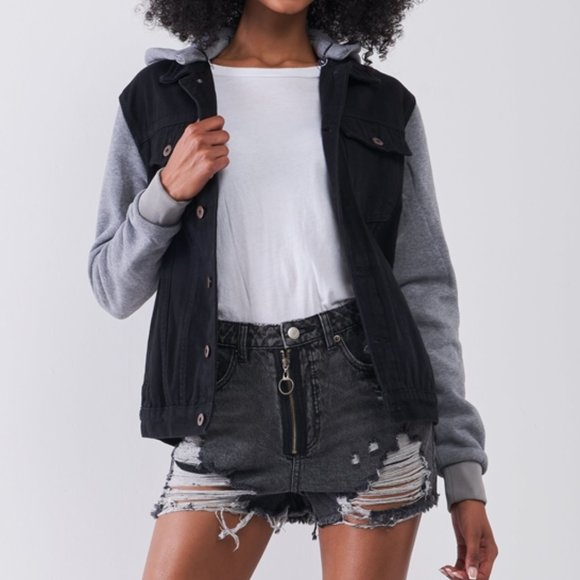 MODA ME COUTURE Jackets & Blazers - Black Denim Hoodie Jacket
